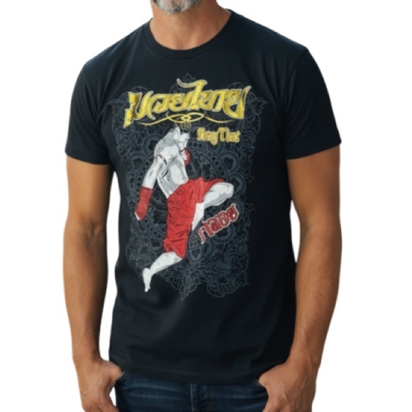 MARTIAL ARTS Born To Be Muay Thai Mens Black Graphic Crewneck T-Shirt Gold XXL - Picture 1 of 11